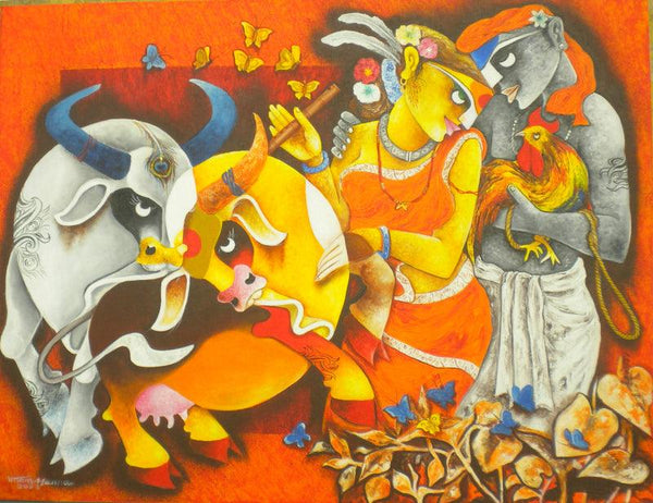 contemporary acrylic painting titled 'Tribal love', 36x48 inches, by artist Uttam Manna on Canvas