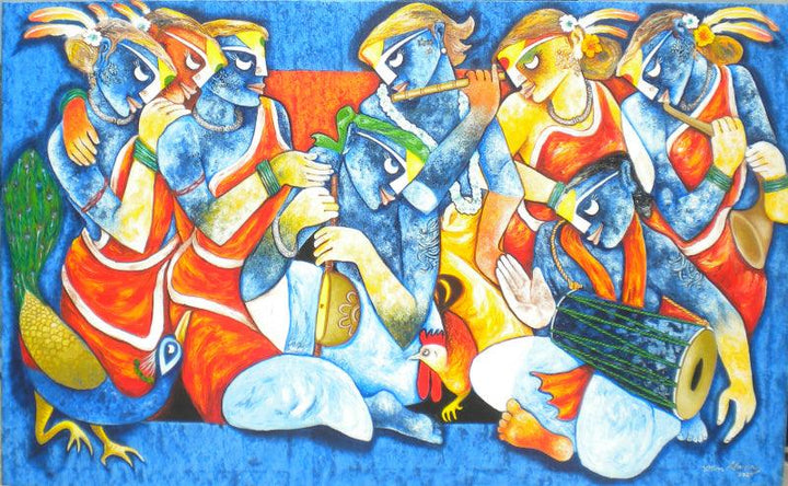 contemporary acrylic painting titled 'Tribal music band', 36x60 inches, by artist Uttam Manna on Canvas