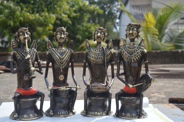 Figurative sculpture titled 'Tribal Musician Set', 12x5x5 inches, by artist Kushal Bhansali on Brass