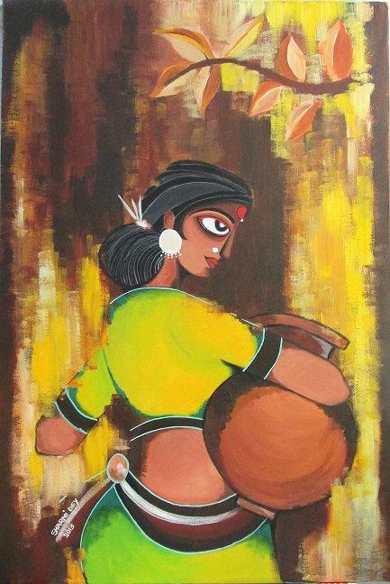 Figurative acrylic painting titled 'Tribal Woman', 24x36 inches, by artist Sharmi Dey on Canvas