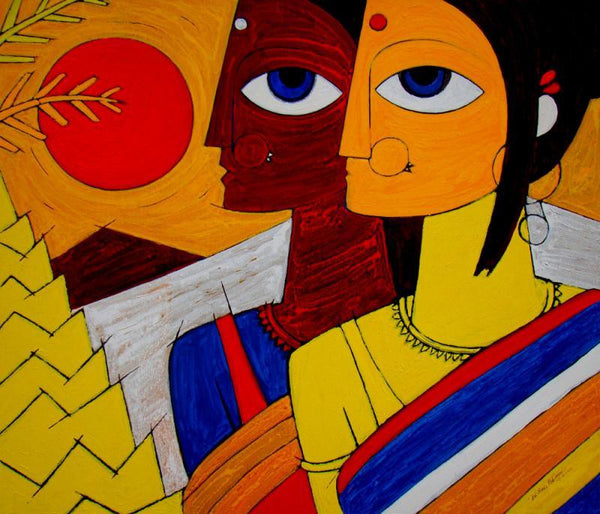 Figurative acrylic painting titled 'Tribal Women', 42x36 inches, by artist Jiaur Rahman on Canvas