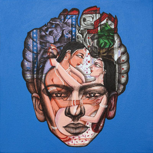 Portrait acrylic painting titled 'Tribute To Frida Kahlo 1', 12x12 inches, by artist Vijay Shelar on Canvas