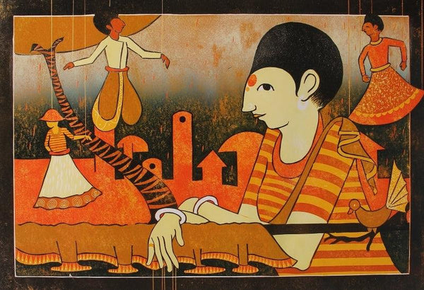 Figurative printmaking titled 'Trinket', 15x22 inches, by artist Madhav Joshi on Paper