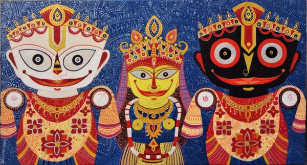 Figurative acrylic painting titled 'Triratna 3', 22x40 inches, by artist Bhaskar Lahiri on Canvas