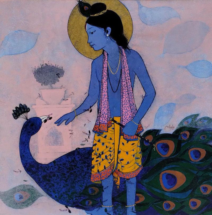 Religious acrylic painting titled 'Tulsi Krishna', 36x36 inches, by artist Rahul Mhetre on Canvas