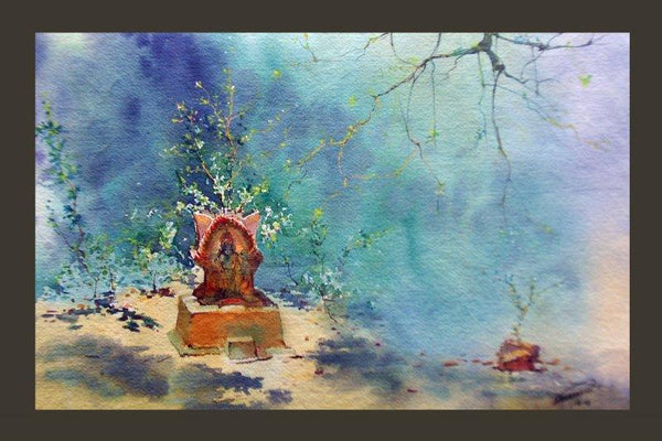 Landscape watercolor painting titled 'Tulsi vrindavan', 25x19 inches, by artist Swapnil Mhapankar on Handmade Paper