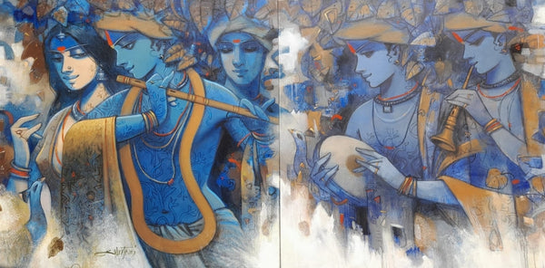 Figurative acrylic painting titled 'Tune Of Life 1 (Diptych)', 36x72 inch, by artist Subrata Das on Canvas