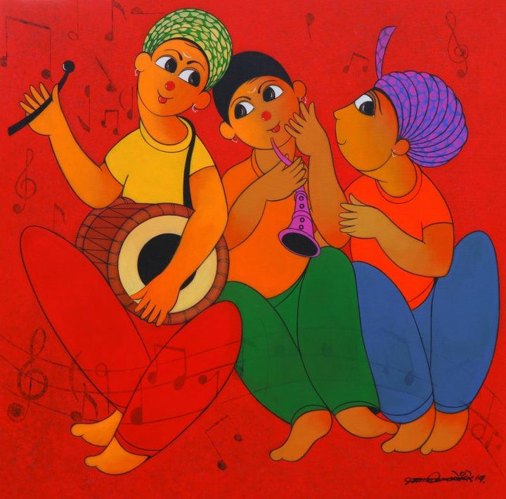 Figurative acrylic painting titled 'Tune Maker 1', 36x36 inches, by artist Dnyaneshwar Bembade on Canvas