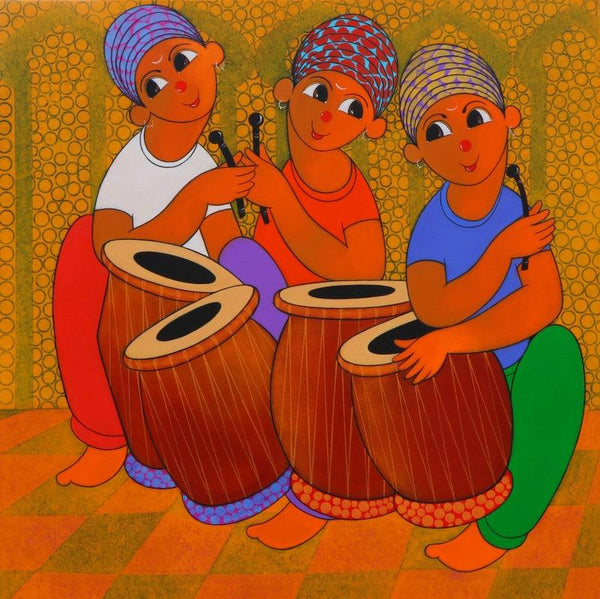 Figurative acrylic painting titled 'Tune Maker 2', 36x36 inches, by artist Dnyaneshwar Bembade on Canvas