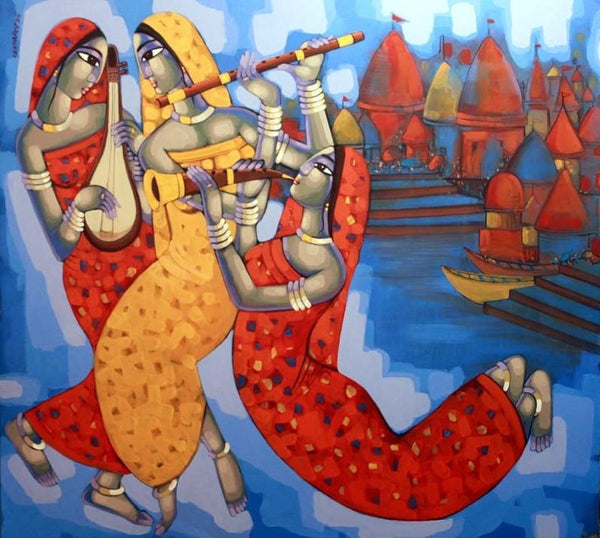 Figurative acrylic painting titled 'Tune Of Banaras', 60x66 inches, by artist Sekhar Roy on Canvas