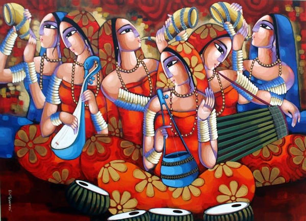 Figurative acrylic painting titled 'Tune Of Bengal', 48x66 inches, by artist Sekhar Roy on Canvas