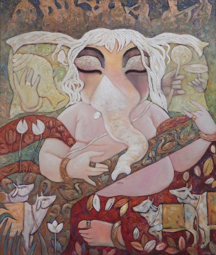 Religious acrylic painting titled 'Tune Of Divine', 36x30 inches, by artist Subrata Ghosh on Canvas