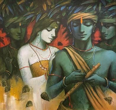 Religious acrylic painting titled 'Tune Of Life 6', 36x36 inches, by artist Subrata Das on Canvas