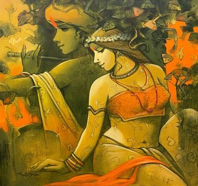 Religious acrylic painting titled 'Tune Of Life 7', 36x36 inches, by artist Subrata Das on Canvas