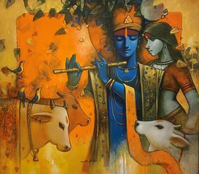 Religious acrylic painting titled 'Tune Of Life 8', 42x48 inches, by artist Subrata Das on Canvas