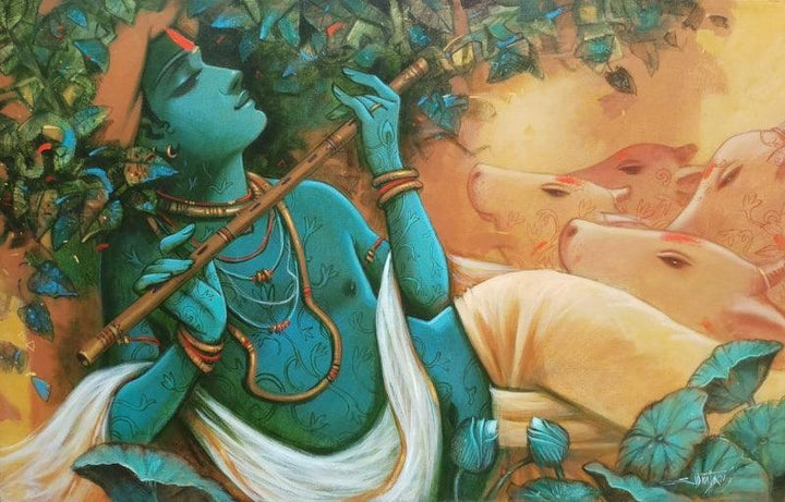 Religious acrylic painting titled 'Tune Of Love 2', 30x48 inches, by artist Subrata Das on Canvas