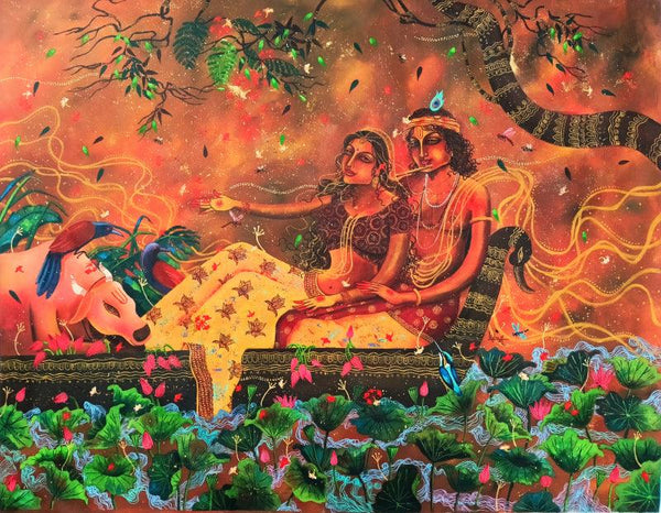 Religious acrylic painting titled 'Tune of love', 30x42 inches, by artist Lisha N T on Canvas