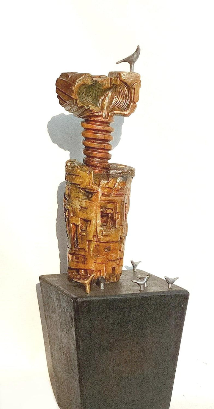 Figurative sculpture titled 'Tune The Time 2', 24x8x8 inches, by artist Gurucharan Singh on Mixedmedia