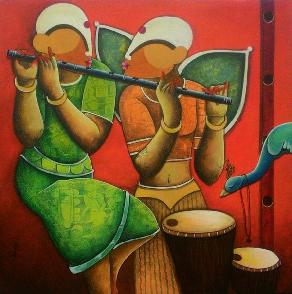 Figurative acrylic painting titled 'Tunes of devotion', 40x40 inches, by artist Anupam Pal on Canvas