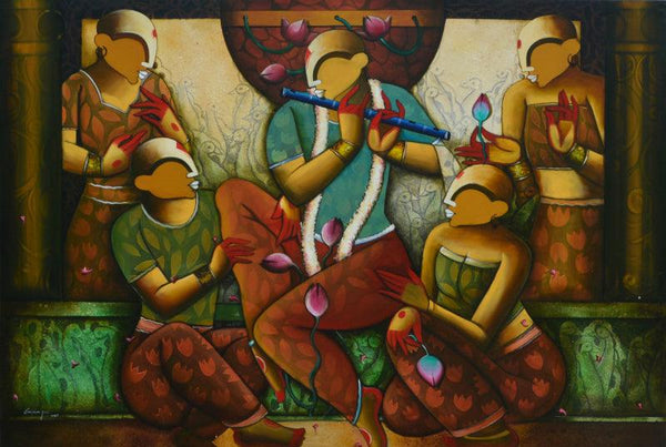 Religious acrylic painting titled 'Tunes of flute 10', 48x72 inches, by artist Anupam Pal on Canvas