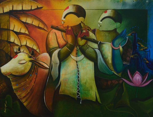 Religious acrylic painting titled 'Tunes of flute', 36x48 inches, by artist Anupam Pal on Canvas