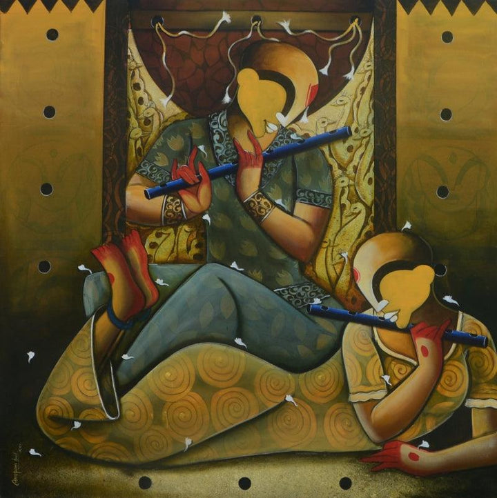 contemporary acrylic painting titled 'Tunes of flutes', 48x48 inches, by artist Anupam Pal on Canvas