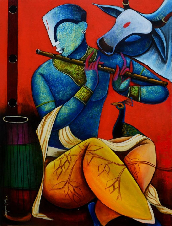 Religious acrylic painting titled 'Tunes of nature', 48x36 inches, by artist Anupam Pal on canvas