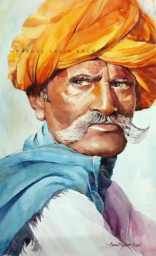 Portrait watercolor painting titled 'Turban Man 2', 24x18 inches, by artist Abdul Salim on Paper