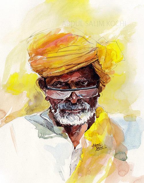 Portrait watercolor painting titled 'Turban Man 3', 15x11 inches, by artist Abdul Salim on Paper