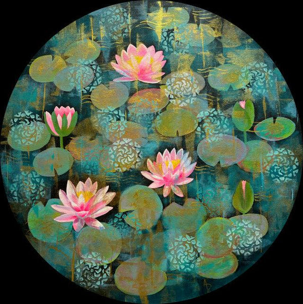 Nature acrylic painting titled 'Turquoise Water Lilies Dhoop Chaanv', 24x24 inches, by artist Amita Dand on canvas