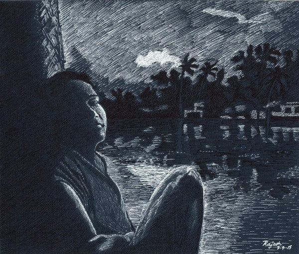 Figurative ink drawing titled 'Twilight from boathouse', 14x12 inches, by artist Guru Rajesh on Paper