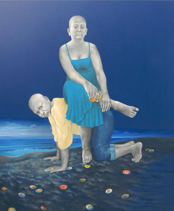 Figurative mixed media painting titled 'Twilight In A Virgin Beach', 72x60 inches, by artist Daina Mohapatra on Canvas