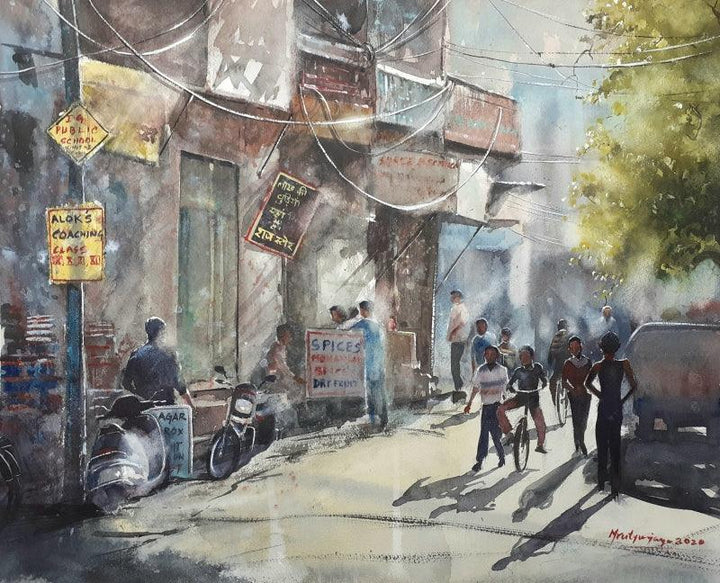 Cityscape watercolor painting titled 'Twilight in market area', 20x16 inches, by artist Mrutyunjaya Dash on paper