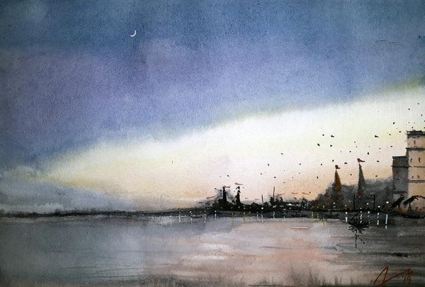 Cityscape watercolor painting titled 'Twilight In Varanasi Ghat', 8x11 inches, by artist Arunava Ray on Paper