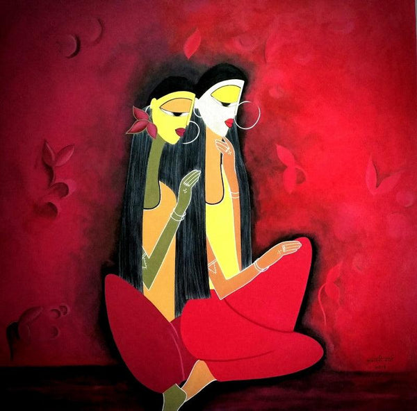 Figurative acrylic painting titled 'Twin Love', 36x36 inches, by artist Rangoli Garg on Canvas