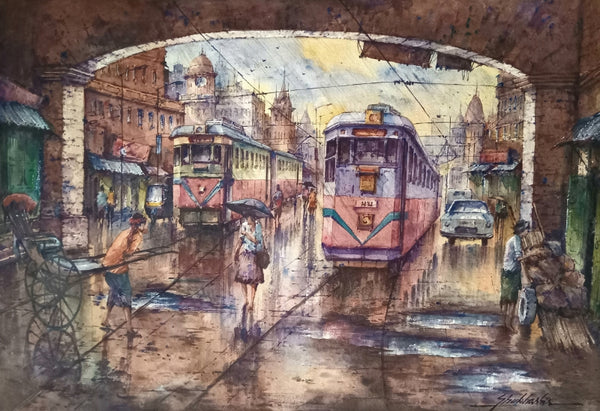 Cityscape watercolor painting titled 'Twin Tram In Kolkata 2', 15x22 inch, by artist Shubhashis Mandal on Handmade Paper