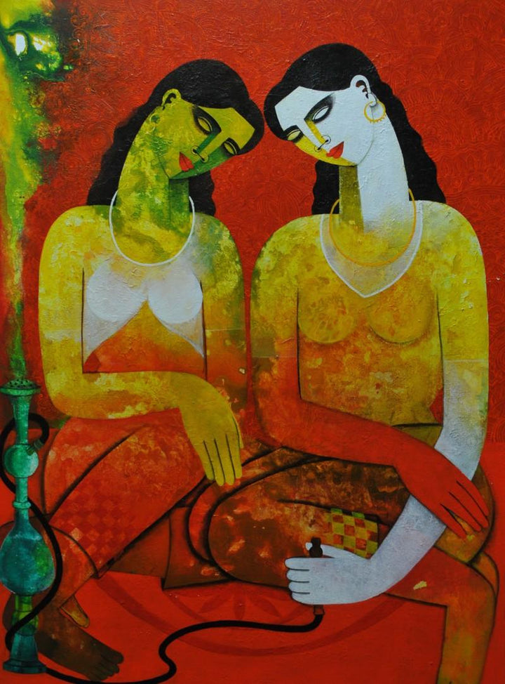 Figurative acrylic painting titled 'Twins', 36x26 inches, by artist Appam Raghavendra on Canvas