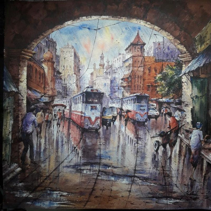 Cityscape watercolor painting titled 'Twins tram in Kolkata 1', 22x22 inches, by artist SHUBHASHIS MANDAL on Handmade paper