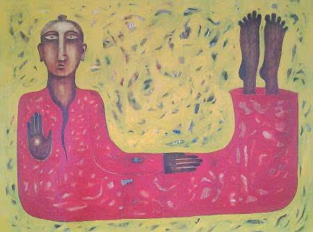 Figurative oil painting titled 'Twisted Monk', 66x42 inches, by artist Ranjith Raghupathy on Canvas
