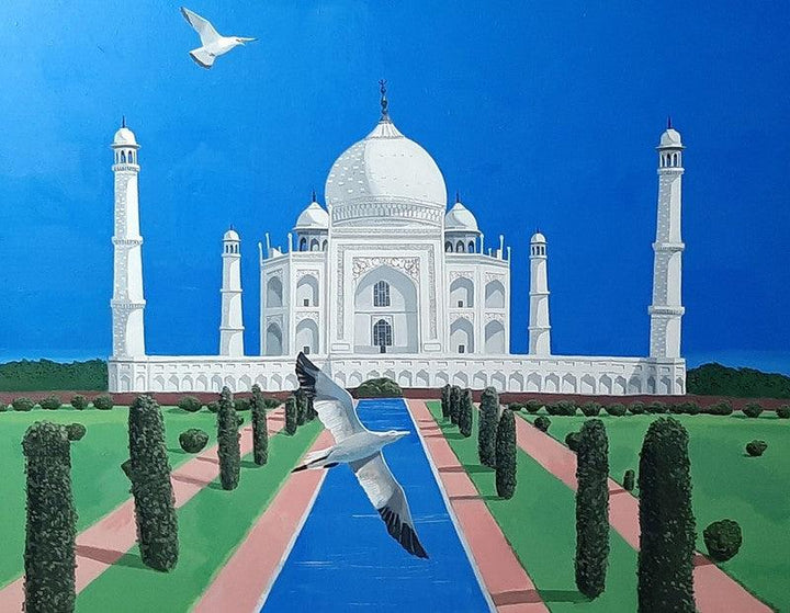 Cityscape acrylic painting titled 'Two Alaskian Birds Visting To Taj', 60x72 inches, by artist Ashikali Khan on Canvas