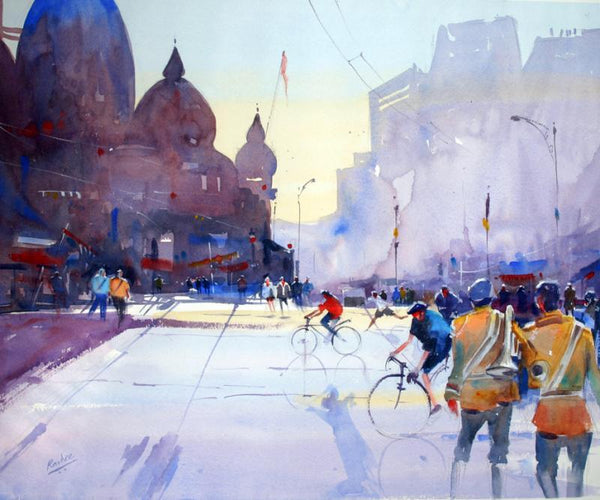 Cityscape watercolor painting titled 'Two Bandwallha', 15x22 inches, by artist Ravee Songirkar on Paper