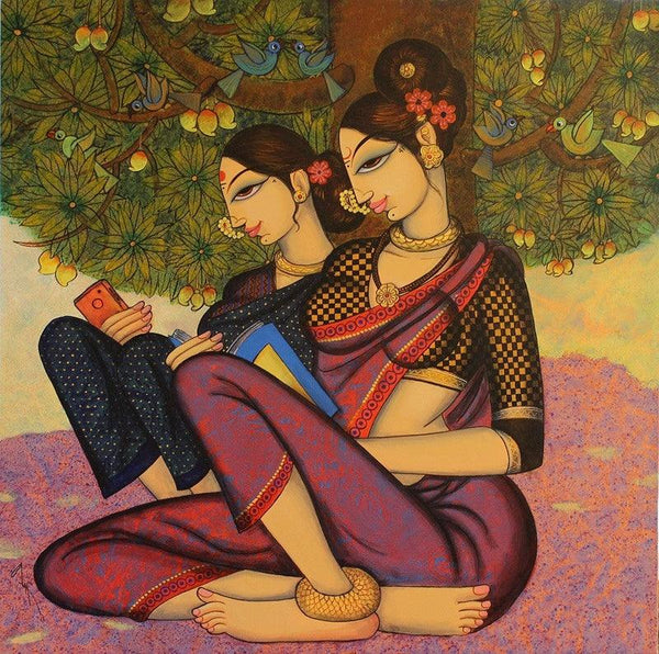 Figurative acrylic painting titled 'Two Beauties', 30x30 inches, by artist Varsha Kharatamal on Canvas