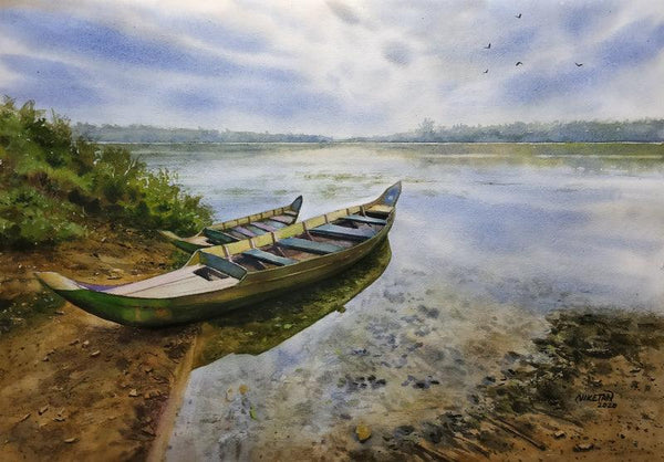 Landscape watercolor painting titled 'Two Boats', 20x14 inches, by artist Niketan Bhalerao on Paper