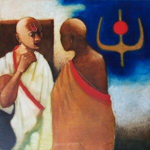 Figurative oil painting titled 'Two bramhins', 42x42 inches, by artist SHANKAR KENDALE on Canvas