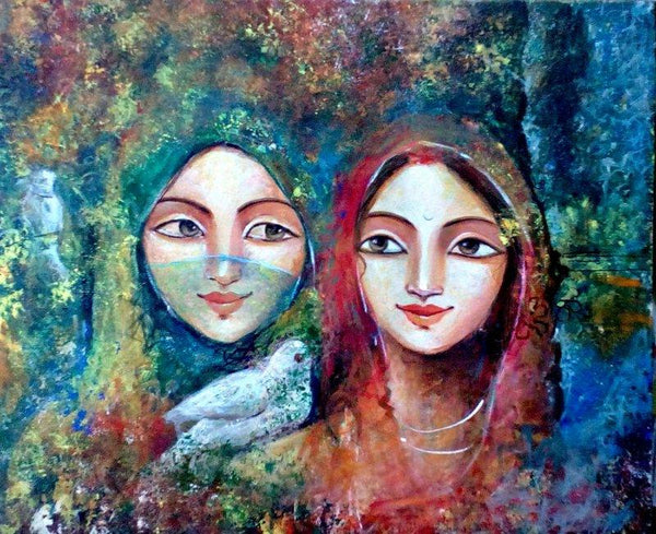 Figurative acrylic painting titled 'Two Friends', 20x24 inches, by artist Indrani Acharya on canvas