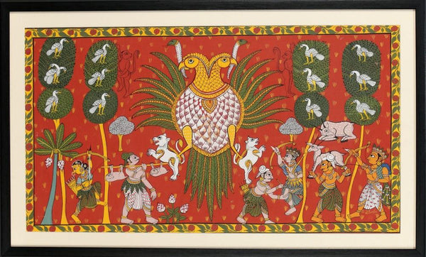 Folk Art cheriyal traditional art titled 'Two headed bird', 19x33 inches, by artist Kalaviti Arts on Cloth