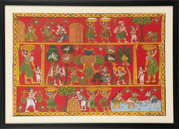 Folk Art cheriyal traditional art titled 'Two headed bird village scene', 18x26 inches, by artist Kalaviti Arts on Cloth