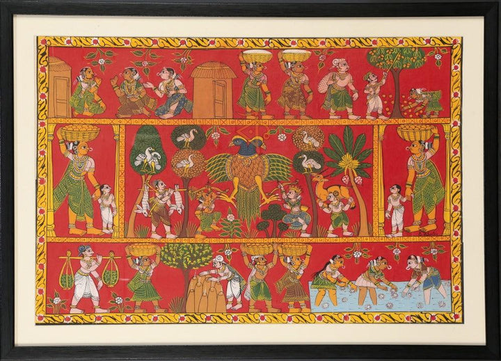 Folk Art cheriyal traditional art titled 'Two headed bird village scene', 18x26 inches, by artist Kalaviti Arts on Cloth