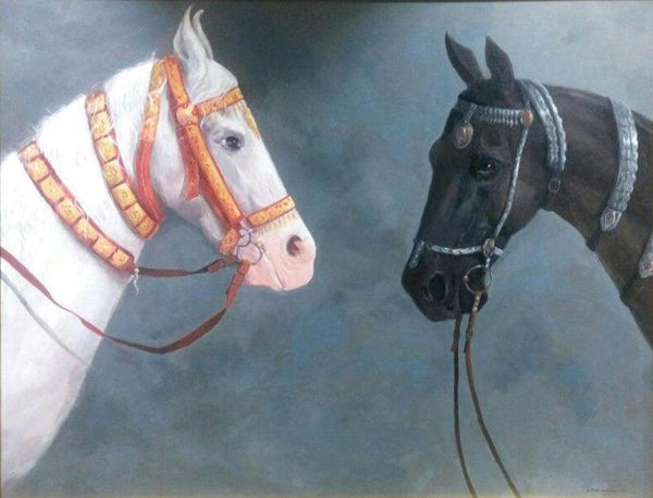 Animals acrylic painting titled 'Two Horse', 42x54 inches, by artist Sarang Pharate on Canvas