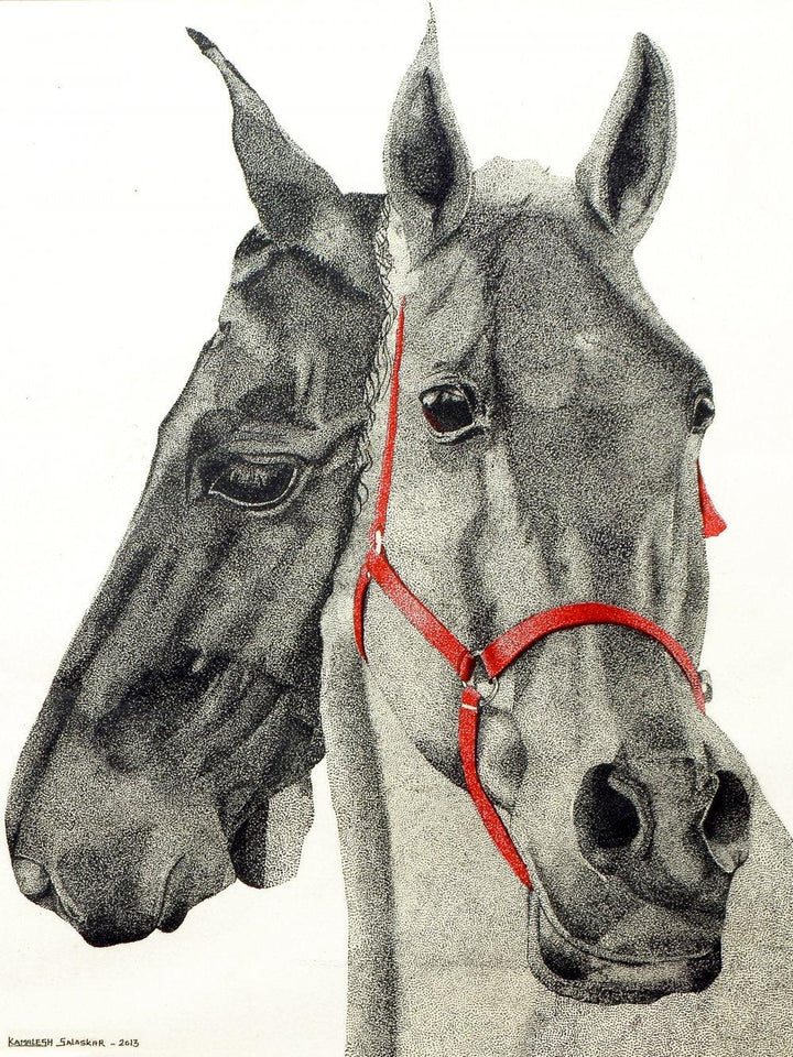 Animals ink drawing titled 'Two horses', 22x20 inches, by artist Kamalesh Salaskar on Paper